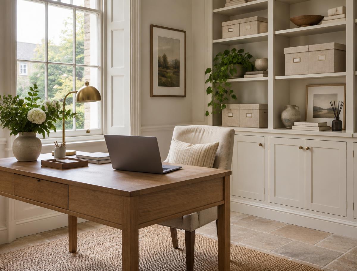 A calm, organised home office with an oak desk, laptop and linen storage boxes on cream shelving