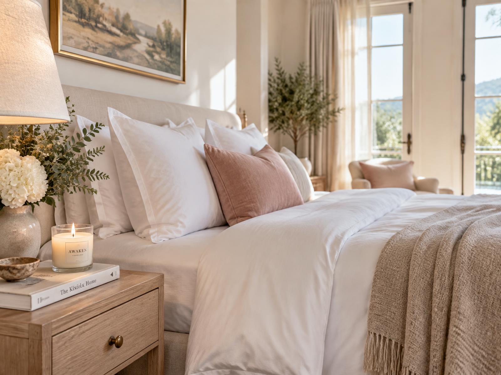 A freshly made bed with crisp white linen and a lit candle in a sunlit bedroom